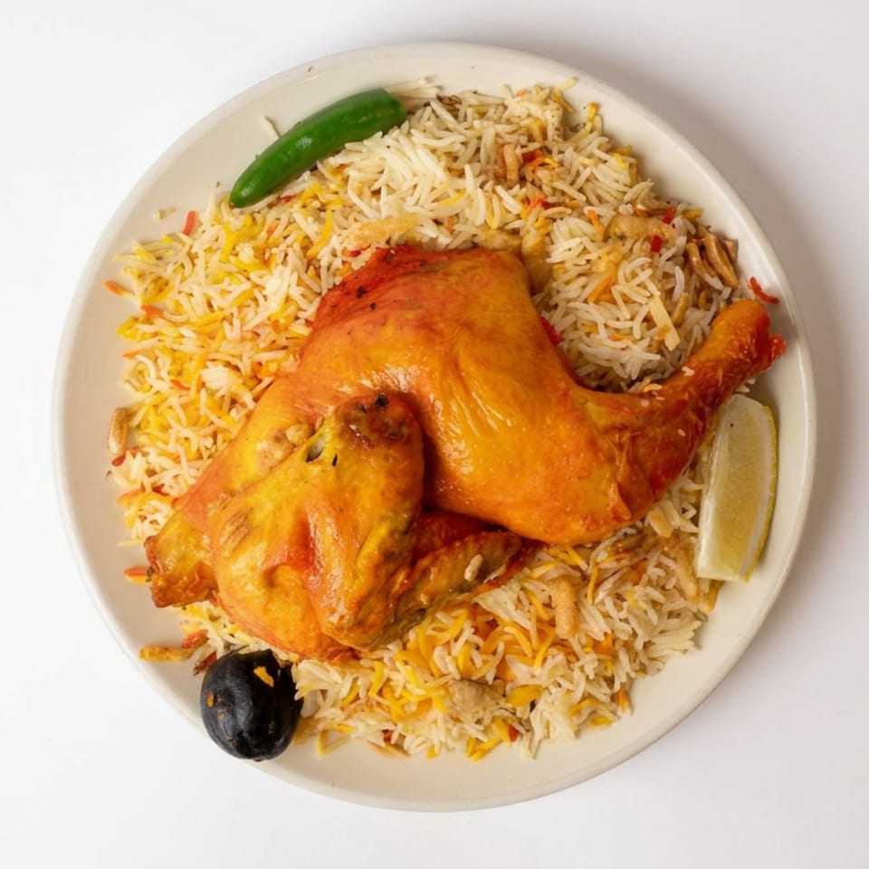 Roasted chicken served over saffron basmati rice with a green chili, lemon wedge, and black olive.