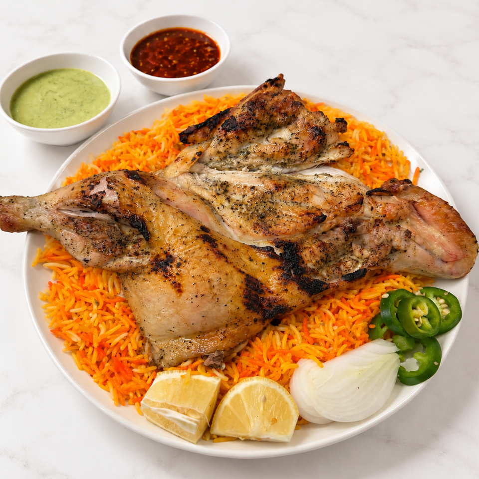 Grilled spiced chicken served over orange rice with lemon, sliced jalapeños, onion, and two dipping sauces.