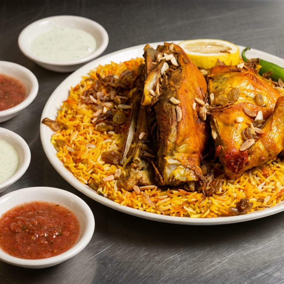 Roasted chicken served over spiced rice with raisins and nuts, accompanied by bowls of creamy sauces and red salsa.