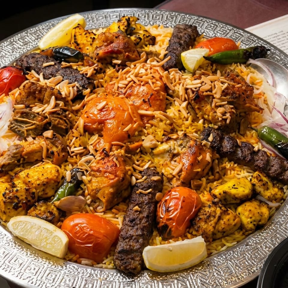 Large platter of spiced rice topped with grilled meats, chicken, vegetables, tomatoes, onions, and lemon wedges.