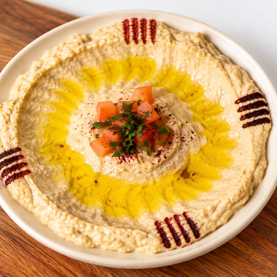 Plate of hummus topped with olive oil, diced tomatoes, parsley, and paprika on a wooden table.