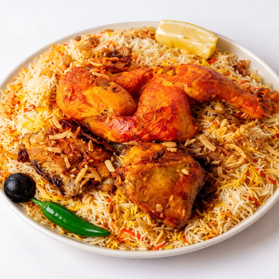 Spiced chicken and fish biryani served over fragrant rice, garnished with lemon, green chili, and black olive.