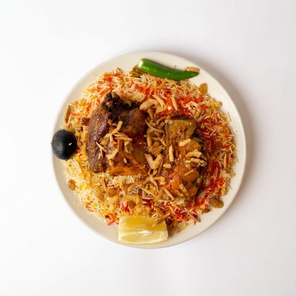 Overhead view of spiced basmati rice topped with roasted meat, garnished with chili, lemon wedge, and black olive.