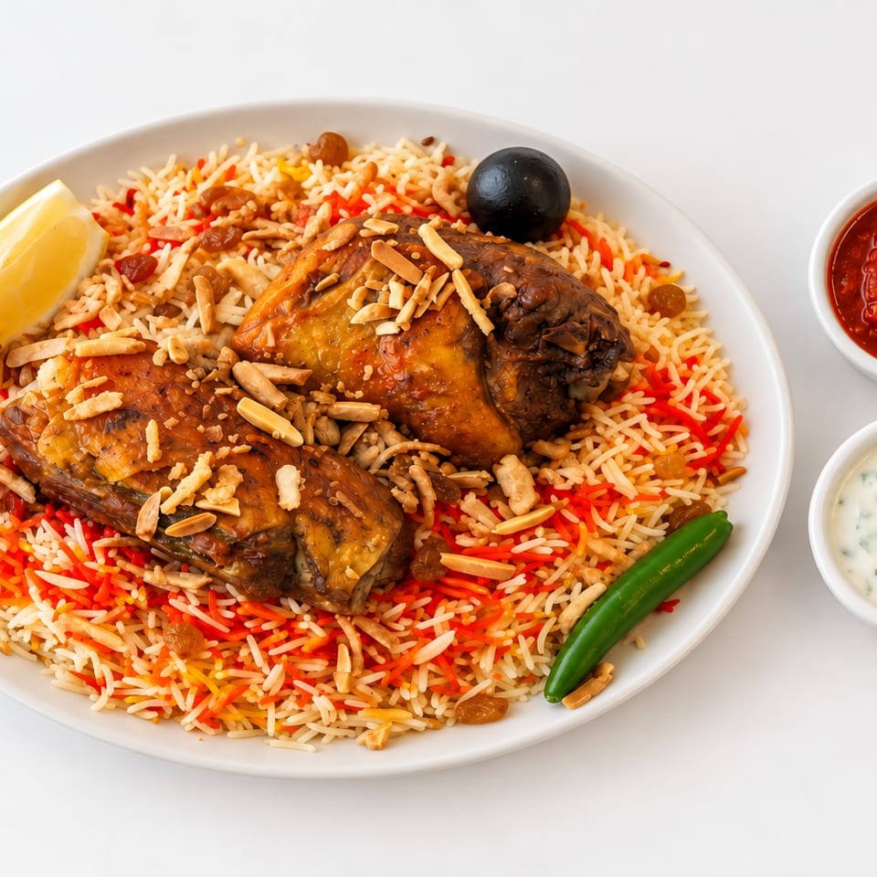 Spiced rice platter topped with roasted eggplant, almonds, raisins, lemon, and green chili, served with red and creamy sauces.