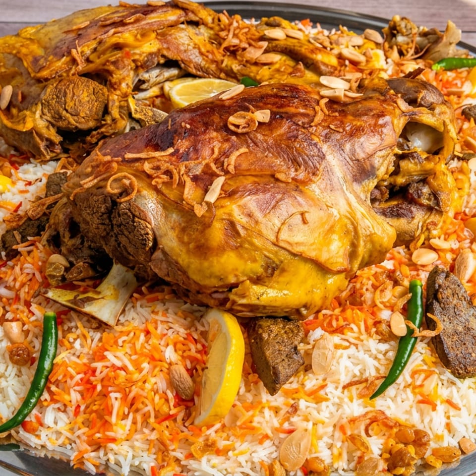 Large platter of spiced rice topped with roasted meat, lemon wedges, green chilies, almonds, and fried onions.