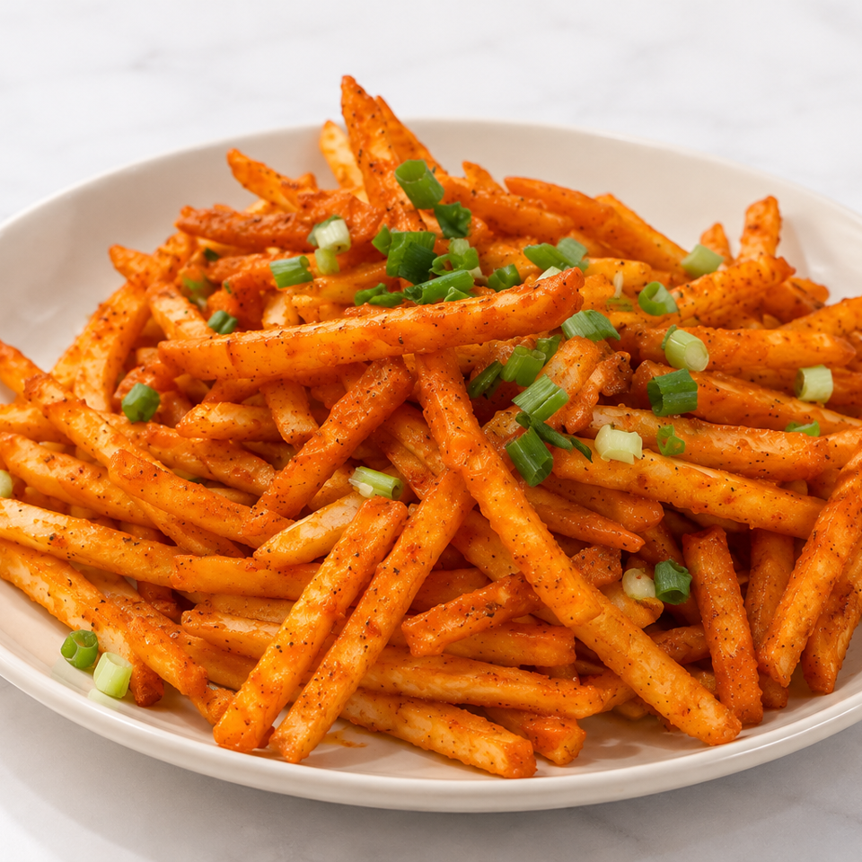 Plate of seasoned orange fries topped with chopped green onions on a white marble surface.