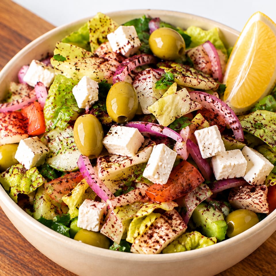 Greek salad bowl with feta, olives, avocado, tomatoes, cucumbers, red onions, herbs, and a lemon wedge.