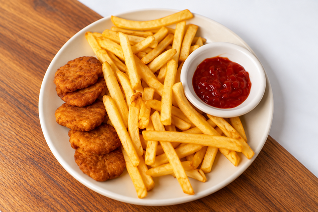 Chicken Nuggets (4 apices with Fries ).