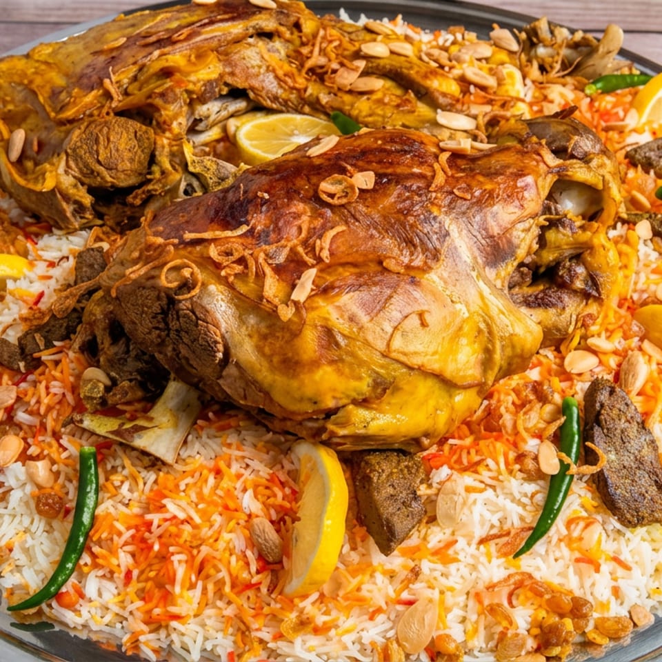 Large platter of roasted whole lamb over spiced rice, garnished with almonds, fried onions, lemon wedges, and green chilies.